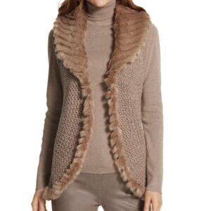 Chico's Sleeveless Open Front Taupe Sweater Vest w/ Faux Fur Collar, Size 3 (XL)